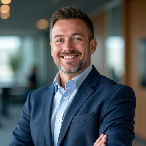 Gambar potret seorang eksekutif perniagaan yang yakin di pejabat.